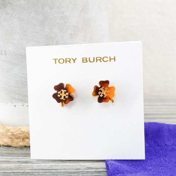 Tory Burch Resin Clover Stud Earrings Tortoise Brown - Picture 1 of 12